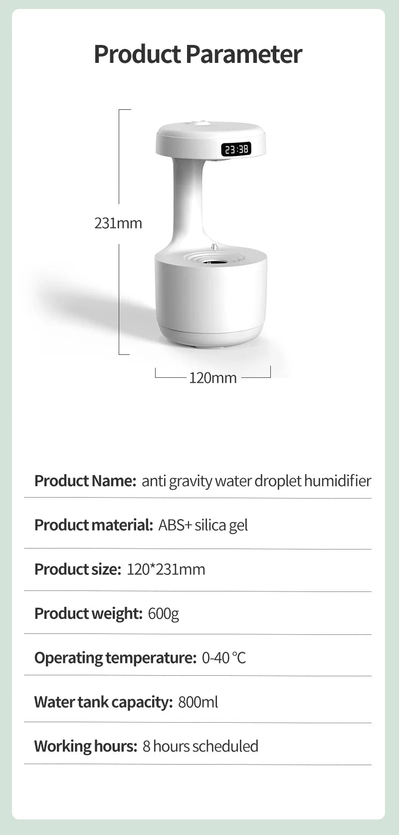 Anti Gravity Humidifier with LED Clock Display Ultrasonic Water Drip Cool Mist Aromatherapy Diffuser Crown Crest