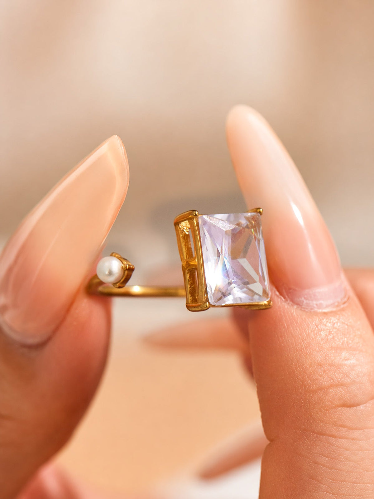 Elowen open gold ring with a square finish and white stone, 316L stainless steel — Crown Crest Jewel