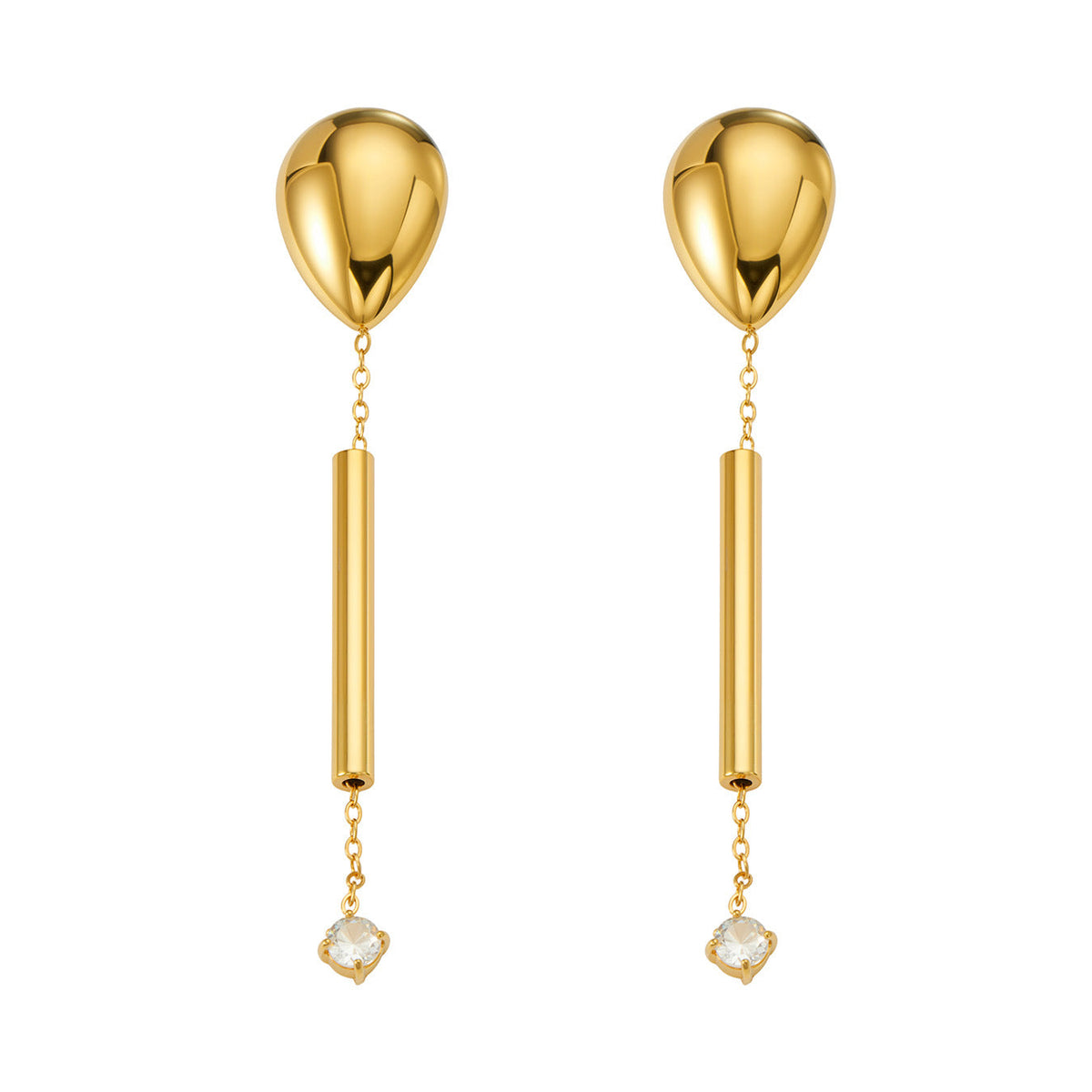 Isolde bold gold drop earrings ending in a pearl, 316L stainless steel — Crown Crest Jewel