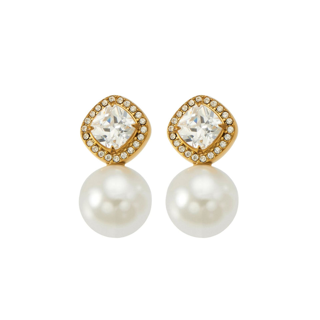 Seraphine gold drop earrings with diamond-cut stone and pearl, 316L stainless steel — Crown Crest Jewel