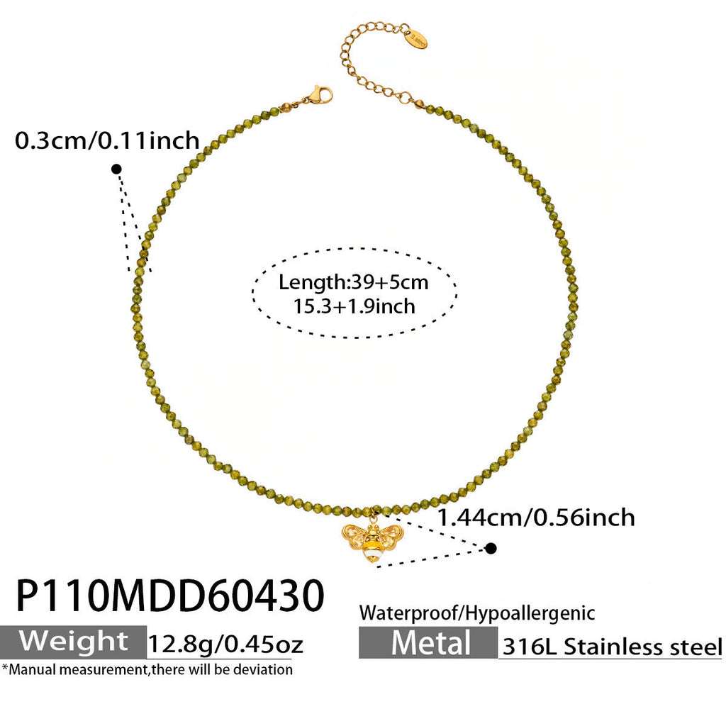 Zawadi gold necklace with green beads and bee pendant, 316L stainless steel — Crown Crest Jewel